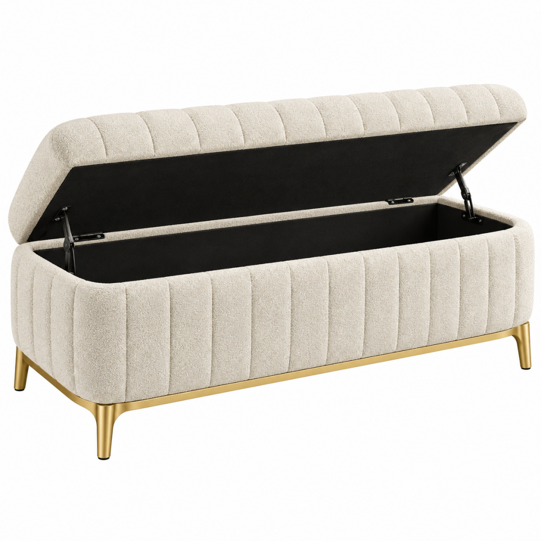 Sitzbank 120 x 45 x 50 cm aus Bouclé Stoff in Creme mit Stauraum und Klappdeckel