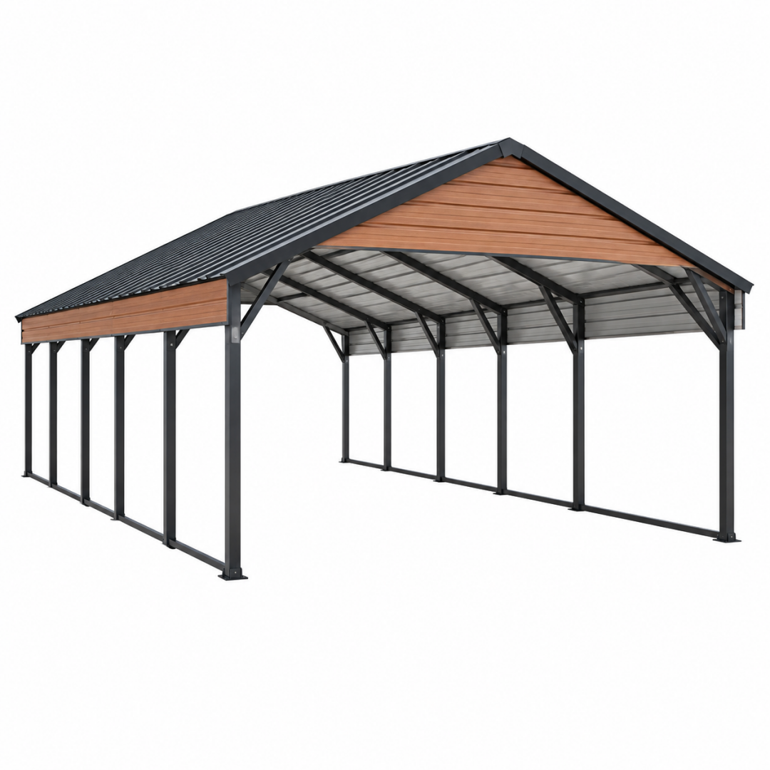 Carport 600 x 300 x 270 cm aus Stahl Schwarz Holzoptik mit Satteldach