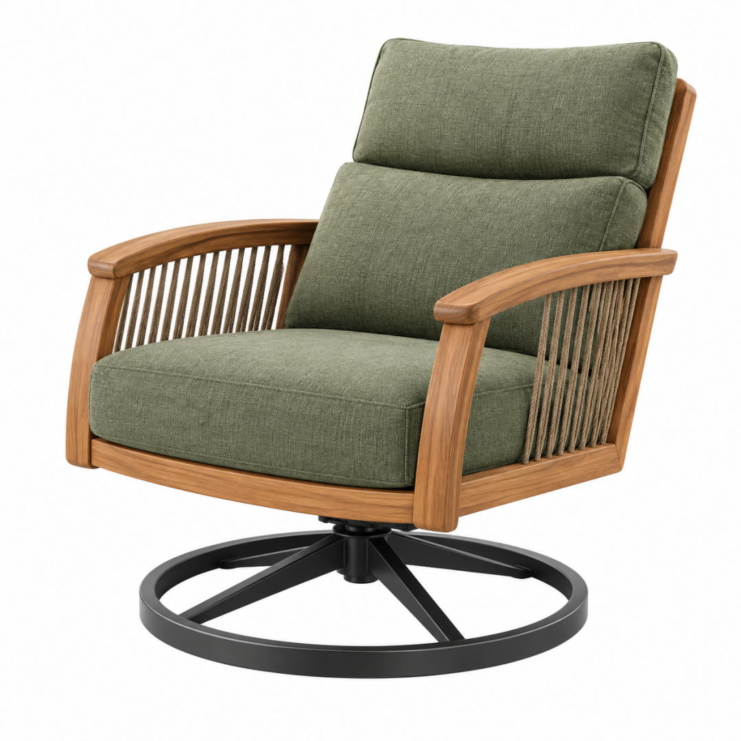 Drehsessel 78 x 82 x 98 cm aus Holz und Textil in Olivgrün mit Metallfuß