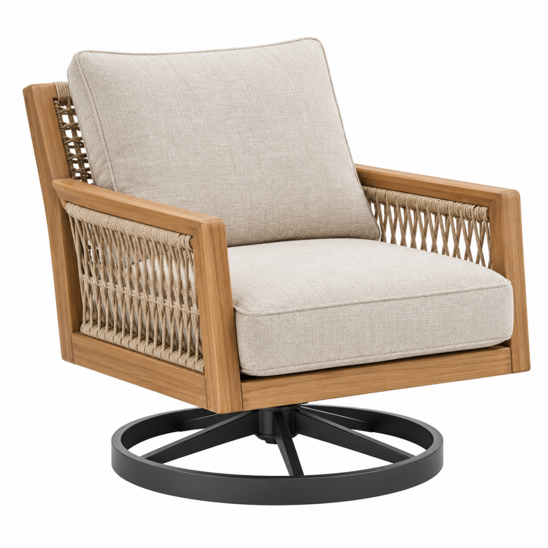 Drehsessel 75 x 82 x 84 cm aus Holz und Kordelgeflecht in Naturbeige mit drehbarem Metallfuß