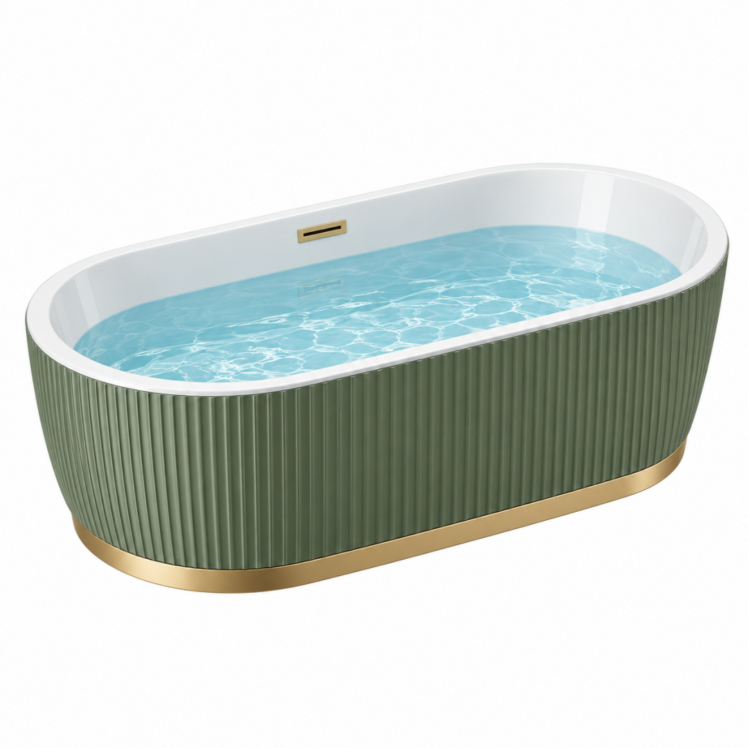 Freistehende Badewanne 170 x 75 x 58 cm aus Acryl Grün Weiß Gold mit gerippter Verkleidung
