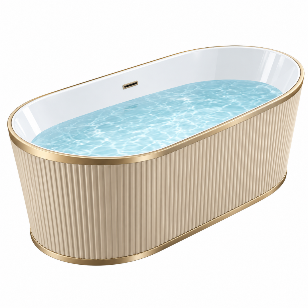 Freistehende Badewanne 170 x 80 cm Acryl Weiß Gold geriffelt oval