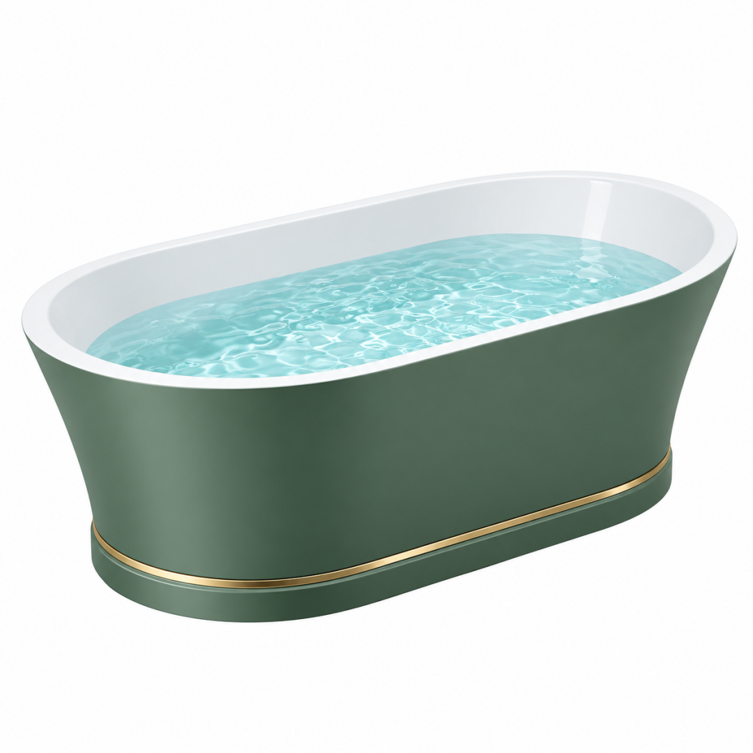 Freistehende Badewanne 170 x 80 x 58 cm aus Acryl in Dunkelgrün Weiß mit goldfarbener Zierleiste - modern
